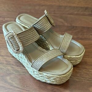 ShuShop Tan Woven Buckle Platform Wedge Sandals